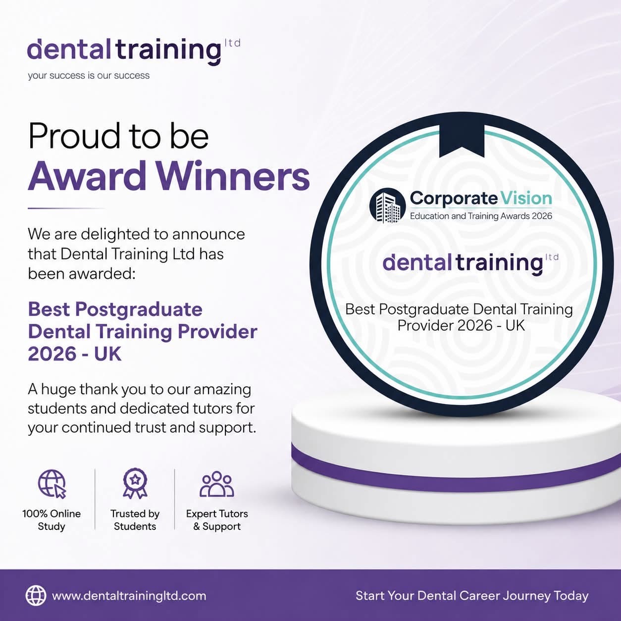 Dental Training Ltd award winner graphic for Best Postgraduate Dental Training Provider 2026 - UK.