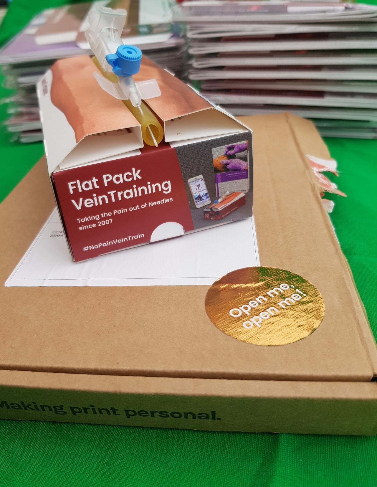 VeinTrain FlatPack simulation vein with a cannula on its training pack